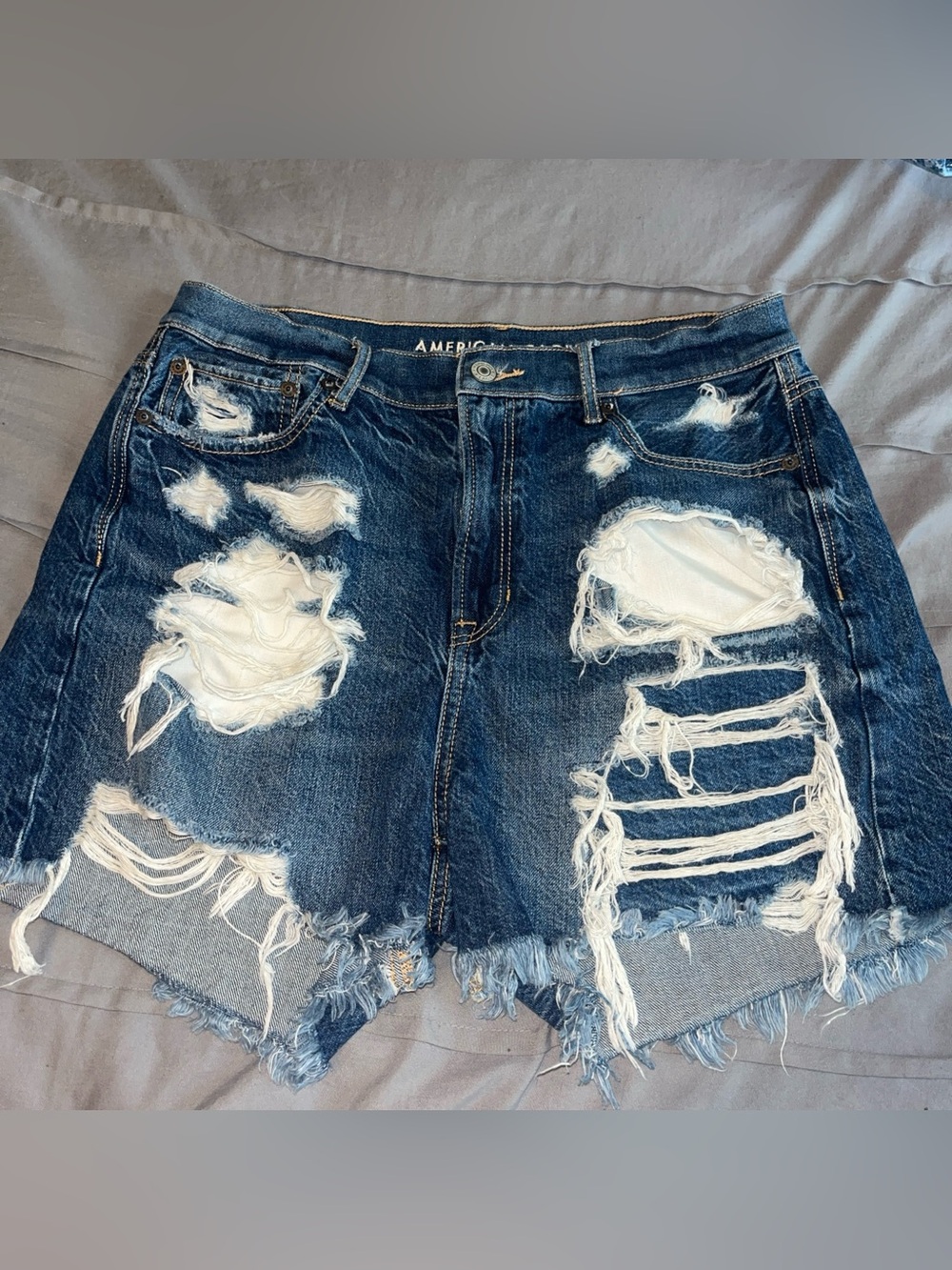 American Eagle Distressed High-Rise Dark Blue Denim Cutoff Shorts